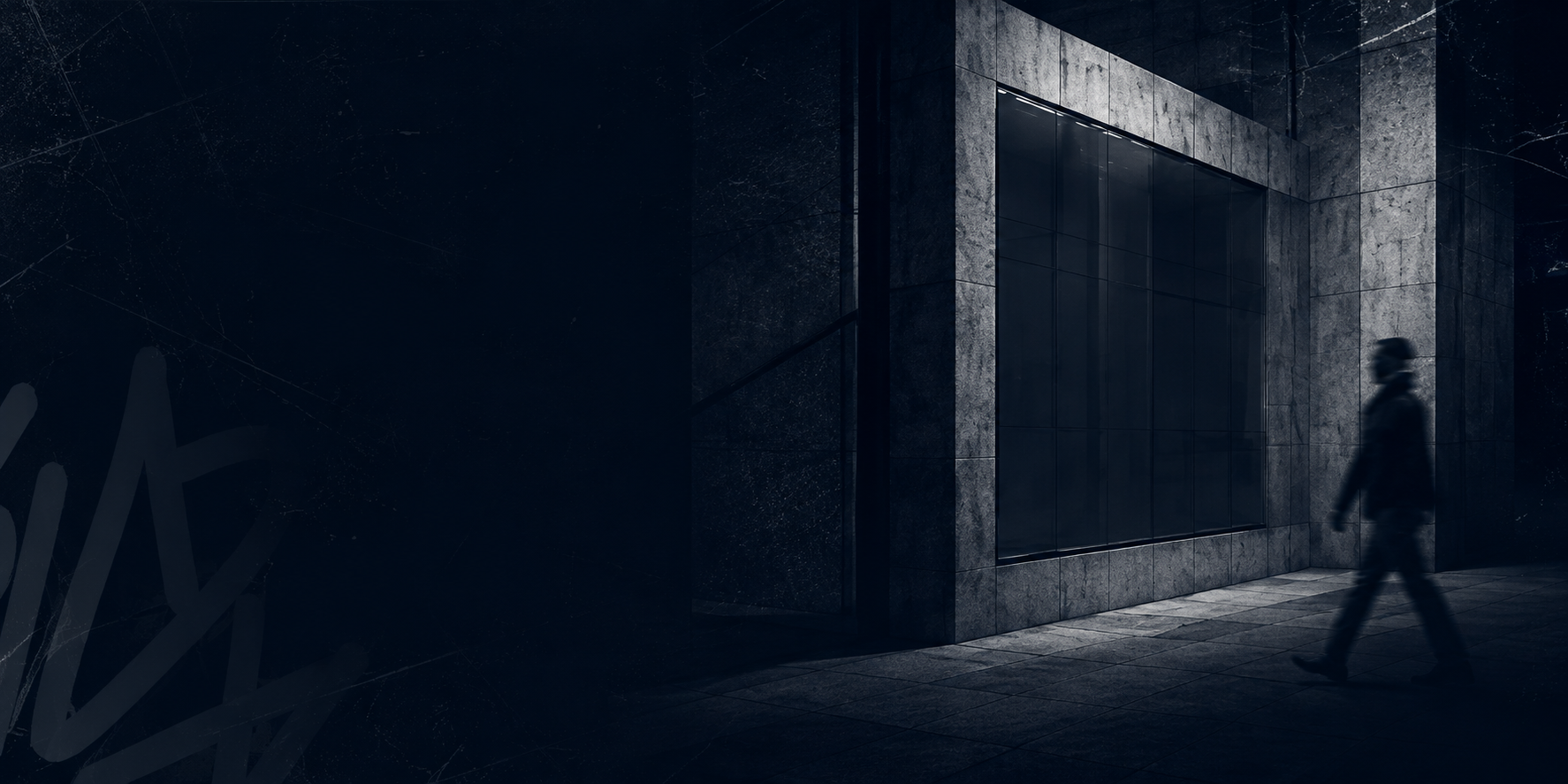 Dark architectural scene at night